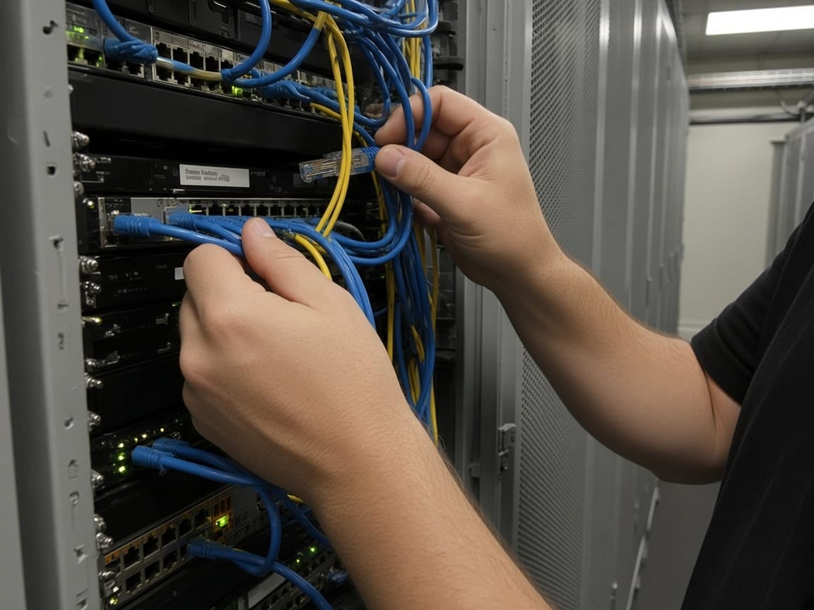 Two hands configuring the cabling in a rack